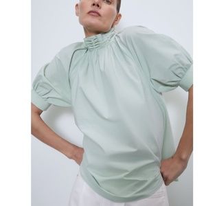 Zara Green Poplin Top with High Neck Faux Pearls • L